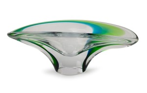 KOSTA BODA Swedish art glass console bowl with green and blue inclusions, designed by G&ouml;ran W&auml;rff, signed "Kosta Boda, G.&nbsp;W&auml;rff", 12.5cm high, 32.5cm wide
