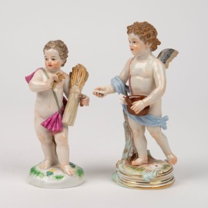 MEISSEN two antique German porcelain cherub statues, 19th century, blue factory mark to bases, 13.5cm and 15.5cm high