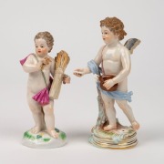 MEISSEN two antique German porcelain cherub statues, 19th century, blue factory mark to bases, 13.5cm and 15.5cm high