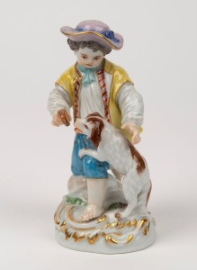 MEISSEN antique German porcelain statue of a boy with a dog, 19th century, blue crossed swords mark to base, 12.5cm high