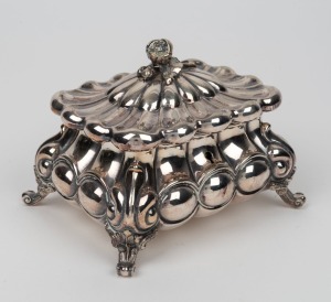 A Continental silver plated jewellery casket, 19th century, 11cm high, 15cm wide, 11cm deep