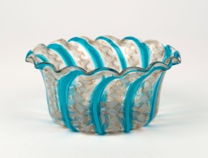 A Murano blue and white latticino glass bowl, mid 20th century, 6cm high, 13cm wide