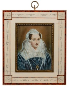 A miniature hand-painted portrait of a lady in a blue dress, housed in a piano ivory and tortoiseshell frame, 20th century, ​​​​​​​14 x 12cm overall