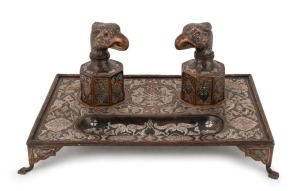 An antique Indo-Persian&nbsp;bronze desk set inlaid with silver and copper, 19th century, ​​​​​​​32cm wide