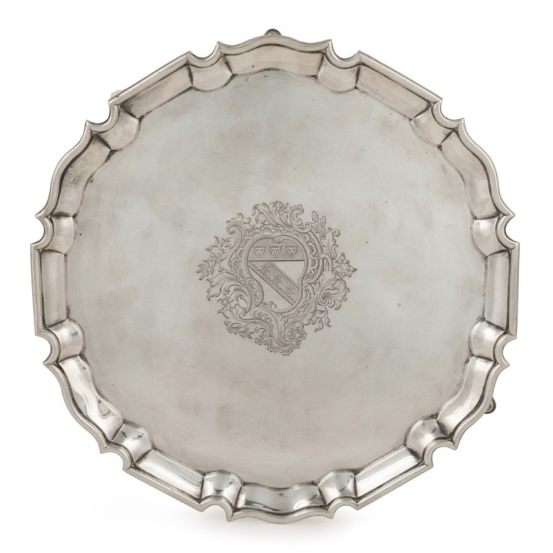 An antique English sterling silver salver with engraved family crest, made in London, circa 1892, 30cm wide, 872 grams