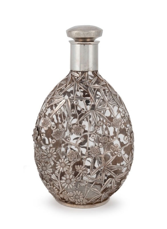 A Chinese export silver decanter with bamboo and blossom overlay, early 20th century, stamped "STERLING 950", ​​​​​​​22cm high