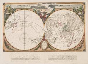 GIOVANNI ANTONIO REMONDINI: "NOUVELLE MAPPE MONDE dediee au progres de nos connoissances"; a striking decorative map of the World, oriented to show the "Hemisphere Marine" (Southern Hemisphere) and "Hemisphere Terrestre" (Northern Hemisphere) originally i