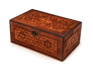 An antique French marquetry table box with tumbling box decoration, interior fitted with lift-out tray, 19th century, 11cm high, 27cm wide, 17cm deep