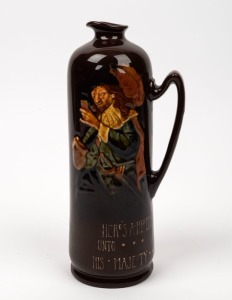 ROYAL DOULTON KINGSWARE English porcelain decanter emblazoned "Here's A Health Unto His Majesty", stamped "DEWAR'S WHISKY, Royal Doulton England", 25cm high