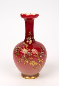 An antique English glass vase with enamel and gilt floral overlay decoration, most likely by THOMAS WEBB, 19th century, ​​​​​​​20cm high