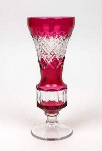 VAL ST. LAMBERT ruby overlay faceted and cut Belgian crystal vase, engraved signature to base, 22.5cm high