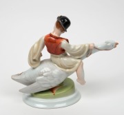 HEREND&nbsp;Hungarian porcelain statue of a boy riding a goose, 20th century, blue factory mark to base, 21cm high - 2