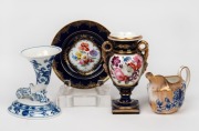 MEISSEN blue and gilt floral dish and a blue and white cornucopia, DERBY antique English porcelain urn and a ROYAL DOULTON blue and white porcelain cream jug with gilded highlights, 19th and 20th century, (4 items), the largest 12.5cm high