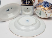 MEISSEN blue and gilt floral dish and a blue and white cornucopia, DERBY antique English porcelain urn and a ROYAL DOULTON blue and white porcelain cream jug with gilded highlights, 19th and 20th century, (4 items), the largest 12.5cm high - 2