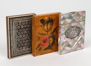 Three antique calling card cases, including mother of pearl and silver example; Sadeli-ware example and a hand-painted timber example, 19th century, (3 items), 10cm high approximately