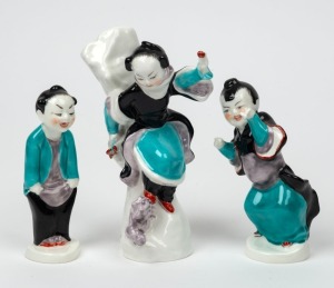 ROYAL WORCESTOR group of three Oriental figure statues, 20th century, black factory mark to bases, the largest 16cm high