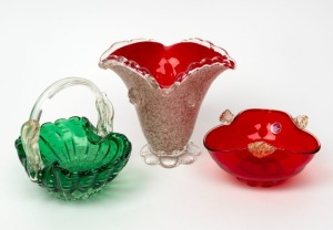 A green Murano glass basket, together with a Murano ruby glass bowl and vase, mid 20th century, (3 items), the largest 16cm high