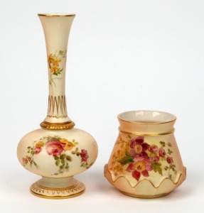 ROYAL WORCESTOR two antique English floral porcelain vases, green and puce factory mark to bases, the larger 19cm high