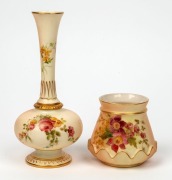 ROYAL WORCESTOR two antique English floral porcelain vases, green and puce factory mark to bases, ​​​​​​​the larger 19cm high