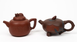 YIXING two pottery teapots, 20th century, the larger 10cm high, 15cm wide