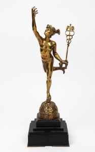 HERMES antique cast bronze statue on black marble base, 19th century, 46cm high overall