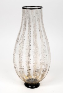 SEGUSO Murano clear glass vase, applied black foot and rim with silver foil inclusions, signed "Seguso, Vizo, Murano", 28cm high