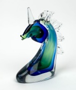 A Murano blue and green sommerso glass unicorn statue, 24cm high