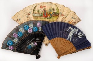 Three antique and vintage hand-painted fans 19th and early 20th century, the largest 46cm wide