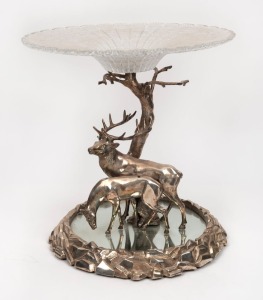 An antique silver plated centrepiece with cut crystal bowl, figural deer stem, and mirrored base, 19th century, ​​​​​​​41cm high, 40cm diameter