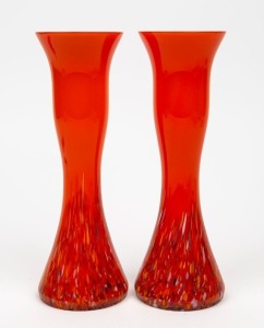 TANGO pair of orange Bohemian art glass vases, circa 1920s, 23.5cm high