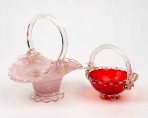 Two Murano glass baskets in red and pink glass with gilt highlights, the larger 17cm high