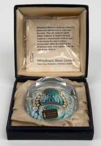 WHITEFRIARS faceted millefiori glass paperweight, with original label, papers and fitted box,&nbsp;circa 1975, 5cm high, 7.5cm wide