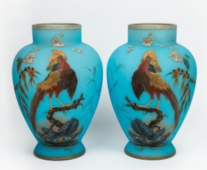 A pair of antique blue frosted glass mantle vases with enamel pheasant decoration with finely gilded highlights, 19th century, ​​​​​​​31cm high