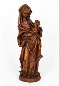 A vintage French carved wooden statue of Madonna and Child, 19th/20th century, ​​​​​​​52cm high