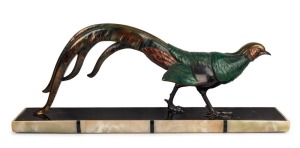 An Art Deco cast bronze pheasant statue with cold painted finish, on black slate and onyx base, signed "LIMOUSIN", circa 1925, ​​​​​​​33cm high, 84cm long, 15cm deep