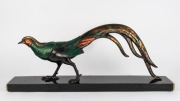 An Art Deco cast bronze pheasant statue with cold painted finish, on black slate and onyx base, signed "LIMOUSIN", circa 1925, ​​​​​​​33cm high, 84cm long, 15cm deep - 2
