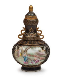 A Chinese miniature reticulated porcelain lidded scent bottle with enamel vignettes, housed in a later fitted box, Qing Dynasty, late 19th century, square seal mark to base, ​​​​​​​7cm high