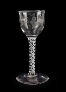 A Georgian cordial glass with air twist and etched bee and grape decoration, 18th century, ​​​​​​​13cm high