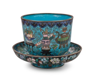 An antique Chinese cloisonne tea bowl and saucer, Qing Dynasty, 19th century, the bowl 6cm high