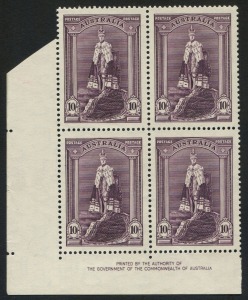 1938 (SG.177) 10/- Coronation Robes, Authority Imprint blk.(4) fresh MUH.