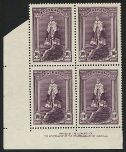 1938 (SG.177) 10/- Coronation Robes, Authority Imprint blk.(4) fresh MUH.