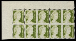 1966-73 (SG.383) QEII 2c olive-green upper-right corner block of 10 (5x2) with "Complete strong offset", unmounted, BW:437c - Cat $1000+. 