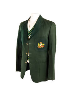 KERRY O'KEEFE'S AUSTRALIAN TEST BLAZER & JUMPER: Blazer green wool with Australian Coat-of-Arms embroidered on pocket, named inside "K.O'Keefe" with faded signature below. Australian Test Jumper (sleeveless) with few minor holes. [Kerry O'Keefe played 24 