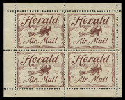 Aerophilately & Flight Covers: 10 Aug.1920 (AAMC.48c, Frommer 3b) For the "Herald & Weekly Times" experimental flight from Melbourne - Hamilton, a 'Herald Air Mail' vignette in brown was prepared; a complete sheetlet of 4 units (2*/2**) with selvedge. Ext - 2