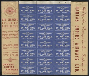 Aerophilately & Flight Covers: March 1940 (Frommer 56c) QANTAS airmail vignette booklet (lacks staple) with both covers and 3 complete panes of 8 vignettes plus blank margins. Rare. Cat.$500. Ex Tom Frommer Gold Medal Collection, 2003.