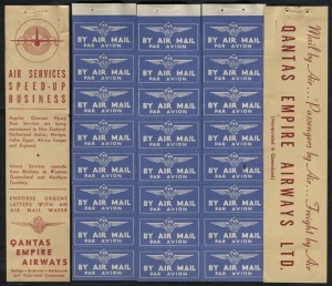 Aerophilately & Flight Covers: March 1940 (Frommer 56c) QANTAS airmail vignette booklet (lacks staple) with both covers and 3 complete panes of 8 vignettes plus blank margins. Rare. Cat.$500. Ex Tom Frommer Gold Medal Collection, 2003.