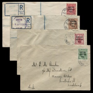 NEW ZEALAND: AUCKLAND EXHIBITION LAST DAY COVERS: Auckland Exhibition set, ½d to 6d (SG.412-415), each tied to a separate cover by the 'EXHIBITION/NZ/18AP14/AUCKLAND' cds, the 3d & 6d covers also with octagonal 'EXHIBITION/NZ/18APR1914/AUCKLAND d/s in vio