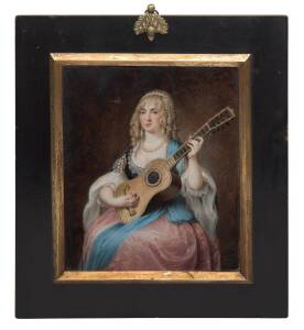 PHILIP JEAN (British 1755-1802): Miniature portrait of a seated lady playing guitar, signed and dated lower right "P.Jean, pinx, 1794", housed in ebonized frame, painting 15 x 12.5 cm.