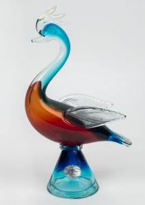 A Venetian blue and amber glass bird statue, bearing original foil label "San Marco, Genuine Hand-Made Venetian Glass, Murano, Italy", 29.5cm high