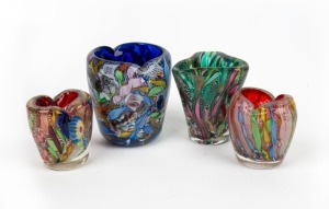 Four Italian Murano glass tutti frutti vases, one bearing red triangular label "Made in Murano, Italy". the largest 10cm high